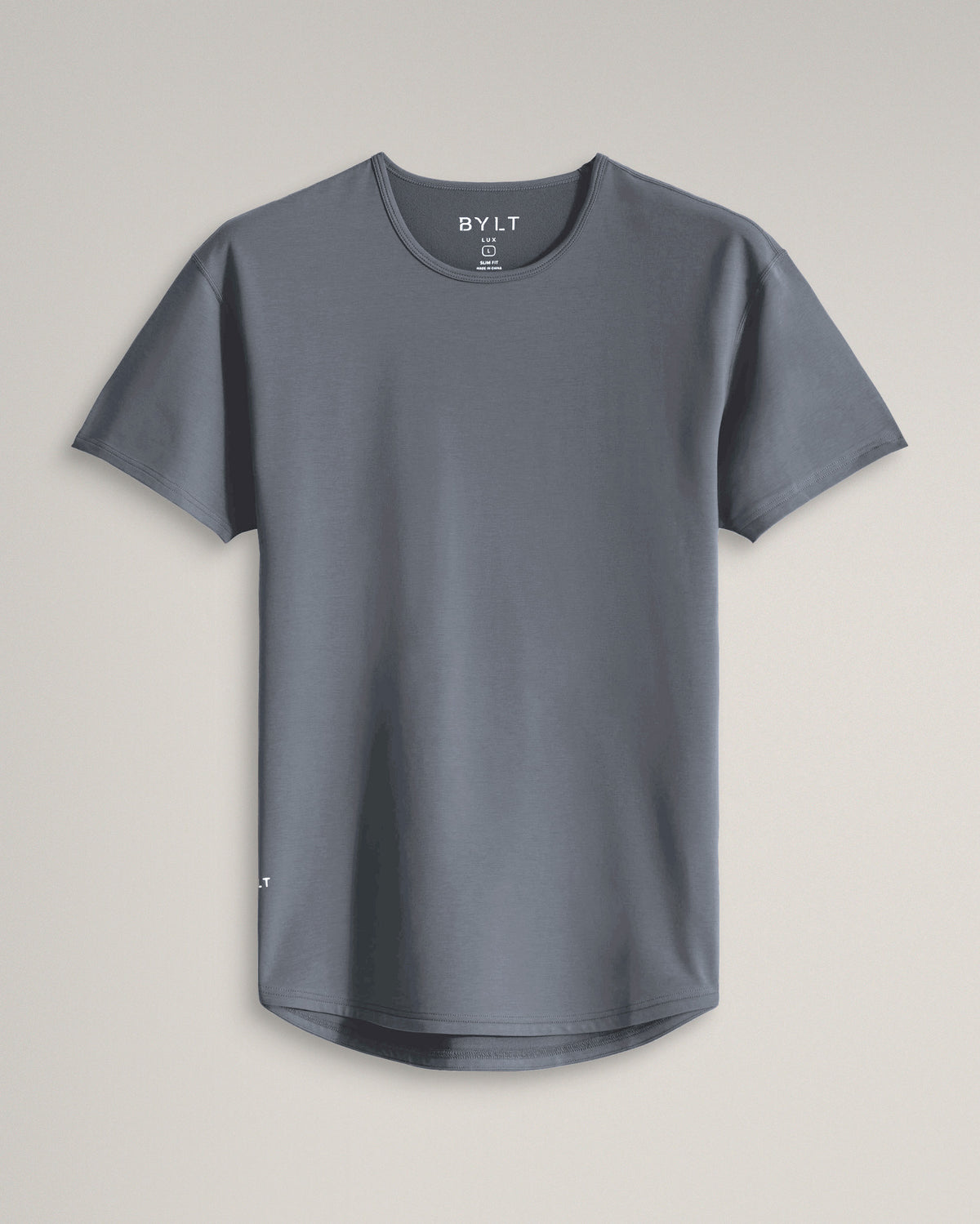 Charcoal | Drop-Cut LUX t-shirt laid flat, front view